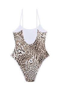 Fato de banho de uma peça com padrão de pele de leopardo, apresentando um decote cavado, alças finas e detalhes em branco. Feito de um material suave e elástico.