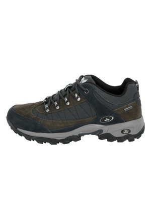 Gray and brown hiking shoe with a textured suede and synthetic upper, reinforced toe, metal eyelets, and rugged rubber sole for traction.