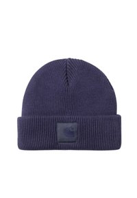 Berretto a maglia blu navy con texture a costine e risvolto, caratterizzato da un logo a patch quadrato. Materiale morbido e elasticizzato per il comfort.