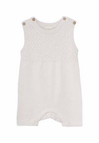 Vitt stickat romper med texturerad kropp, korta ben och knappdetaljer på axlarna. Mjukt tyg för komfort och lätt att bära.