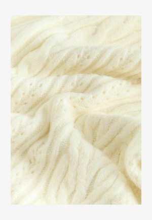 Kabelknit-pleed pehmeast kreemivärvi villast, millel on tekstuurilised mustrid koos tõstetud lõngade ja peente kontsentreeritud detailidega.