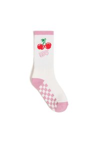 Vit strumpa med rosa häl, tå och muddar, rosa rutmönster på fötterna samt röda körsbär med gröna stjälkar ovanför rosa "Vans"-text.