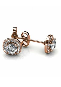 Orecchini a bottone in oro rosa con una pietra centrale trasparente circondata da piccoli cristalli trasparenti, che mostrano un design rotondo e texturizzato.