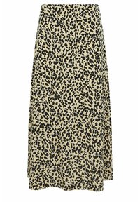Une jupe midi en tissu beige ornée d'un motif léopard noir. La conception présente une silhouette fluide et une texture douce.