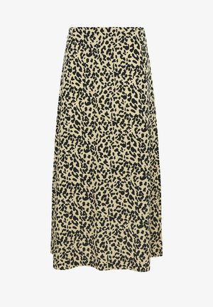 En knælang nederdel i et beige stof med et sort leopardmønster. Designet har en flydende silhuet og blød tekstur.