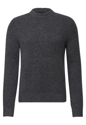 Maglione in lana grigio scuro con collo rotondo, maniche lunghe, polsini e orlo a coste, texture soffice e vestibilità Classica.