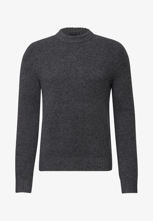 Maglione in lana grigio scuro con collo rotondo, maniche lunghe, polsini e orlo a coste, texture soffice e vestibilità Classica.