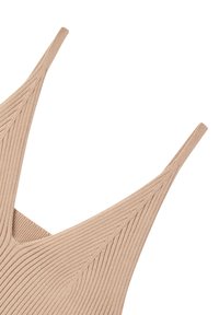 Top in rete beige con spalline sottili e scollo a V profondo. Il tessuto testurizzato presenta linee verticali e una leggera elasticità per garantire comfort.