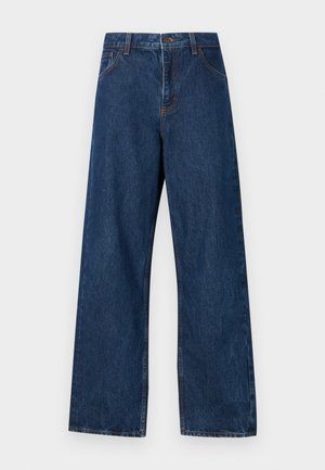 Temno modri široki jeans iz denima s klasičnim petimi žepi. Ima kontrastno šivanje in sprednjo zapenjalo na gumb.