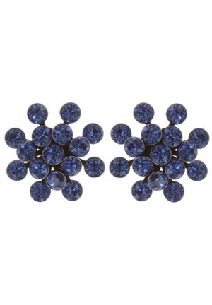 Para kolczyków o okrągłym kształcie z klastrami małych, fasetowanych ciemnoniebieskich kamieni szlachetnych ułożonych w wzór kwiatowy.