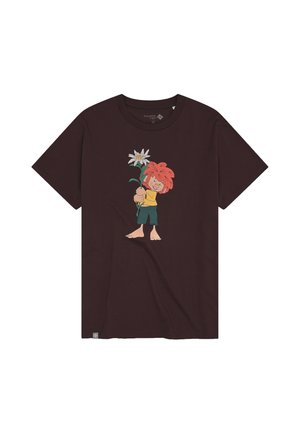 Dark brown t-shirt with cartoon character holding a large white flower, wearing yellow shirt and green shorts, barefoot.