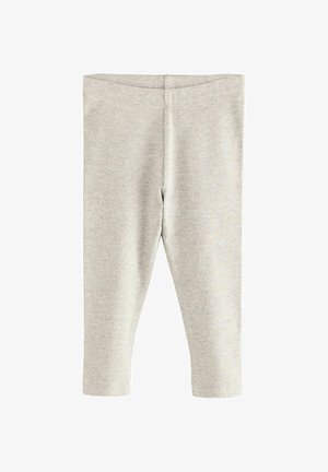 Leggings de canalé gris claro con una cintura elástica, que presentan un ajuste ceñido y una textura suave en toda su superficie. Sin patrones o acentos distintivos.