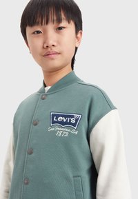 Giacca verde con maniche bianche, caratterizzata da un logo Levi's ricamato blu e bottoni, realizzata in un tessuto morbido e strutturato.