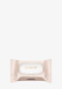 Pacchetto di salviette struccanti infuse con olio Babor. Involucro rosa chiaro con testo dorato, dotato di una chiusura bianca. Design semplice e rettangolare.
