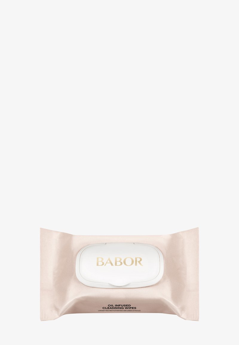 Pacchetto di salviette struccanti infuse con olio Babor. Involucro rosa chiaro con testo dorato, dotato di una chiusura bianca. Design semplice e rettangolare.