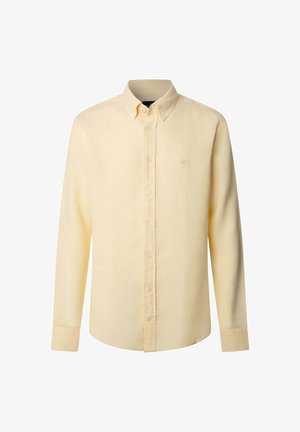 Blassgelbes Langarmhemden mit Knopfleiste, Button-Down-Kragen und kleinem gesticktem Logo auf der linken Brust.