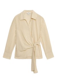 Camicia crema con bottoni a strisce verticali scure, maniche lunghe, colletto e un dettaglio anteriore annodato. Tessuto morbido, vestibilità rilassata e polsini strutturati.