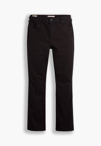 Jeans en coton noir avec des jambes droites, fermeture par bouton et zip, cinq poches et une texture lisse. Détails de couture clairement visibles.