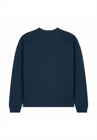 Sweat-shirt bleu marine à manches longues, col rond, poignets et ourlet côtelés. Texture lisse, design minimaliste, sans logos ni motifs visibles.