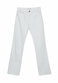 I jeans in denim bianco presentano un design a gamba dritta, stile a cinque tasche, chiusura con bottone in metallo e dettagli di cucitura delicati.