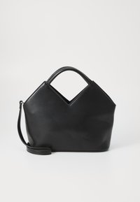 Black leather handbag with a geometric design; features a top handle and a detachable shoulder strap; smooth texture and minimalistic style.