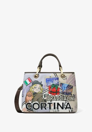Sac à main coloré avec des designs graphiques, incluant un personnage, des cartes postales de paysages et une petite boîte-cadeau. Fabriqué en matériau texturé avec deux poignées.