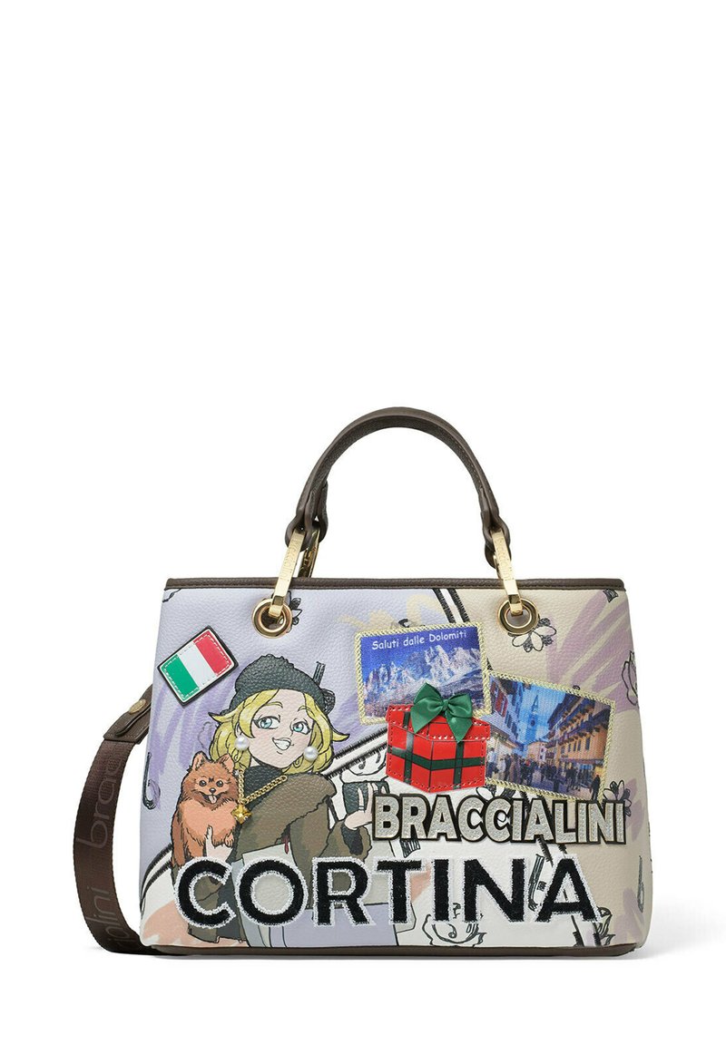 Sac à main coloré avec des designs graphiques, incluant un personnage, des cartes postales de paysages et une petite boîte-cadeau. Fabriqué en matériau texturé avec deux poignées.