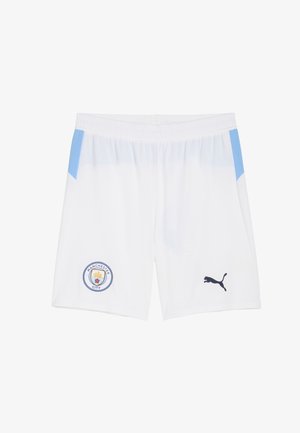 Fehér sportnadrág könnyű anyagból, kék részletekkel, Manchester City logóval és fekete Puma logóval az oldalon.