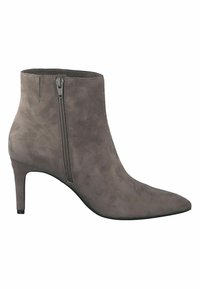 Botine gri din suede, de înălțime până la gleznă, cu vârf ascuțit, fermoar lateral și toc înalt subțire. Textură netedă și siluetă elegantă.