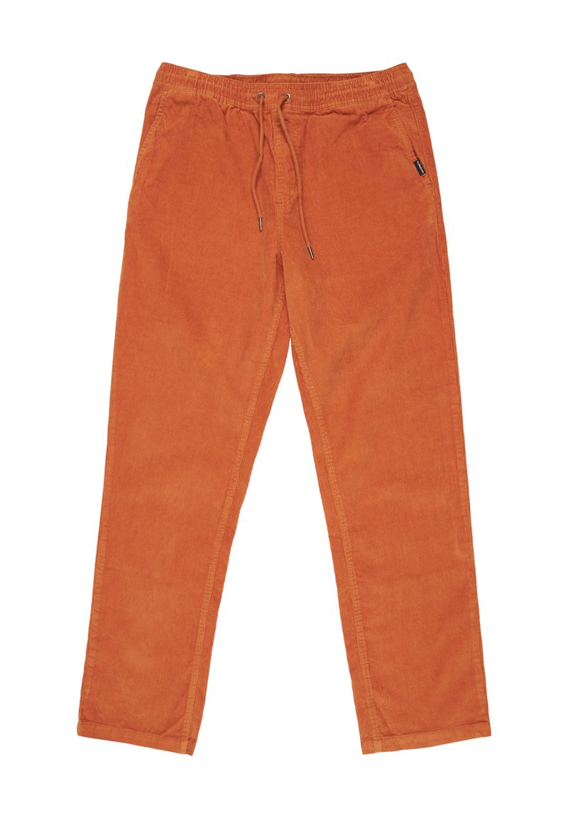 Pantalones de algodón naranja con cintura elástica, cierre de cordón y bolsillos laterales. La tela tiene un acabado suave y texturizado.