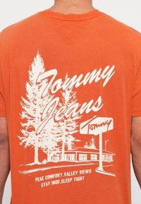 Orange cotton t-shirt featuring white graphic of trees and a building with "Tommy Jeans" text and slogan: "Peak Comfort. Valley Views."