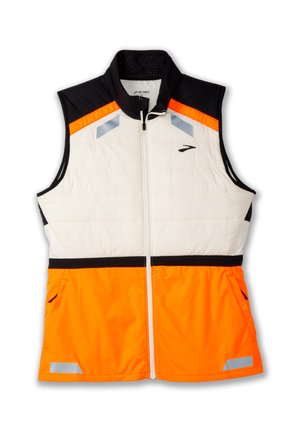 Gilet leggero con corpo imbottito bianco, sezione spalla nera e parte inferiore arancione vivace. Include dettagli riflettenti e tasche con zip.