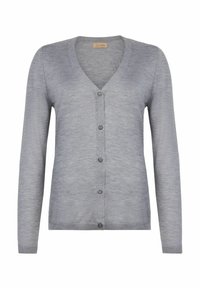 Šedý kardigan s výstřihem do V, dlouhými rukávy a šesti knoflíky. Tkanina působí měkce s jemnou strukturou a lehkým provedením.