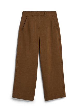 Braune Hosen mit weitem Bein, Seitentaschen, Gürtelschlaufen und vorderem Reißverschluss, flach auf einem weißen Hintergrund ausgelegt.