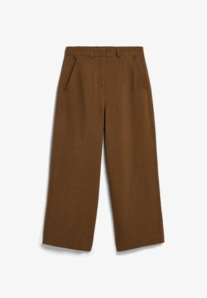 Braune Hosen mit weitem Bein, Seitentaschen, Gürtelschlaufen und vorderem Reißverschluss, flach auf einem weißen Hintergrund ausgelegt.