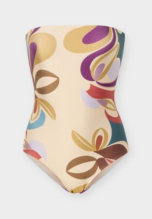 Maillot de bain une pièce sans bretelles avec des motifs floraux abstraits dans des tons beige, violet, rouge, marron, bleu et jaune sur un fond clair.