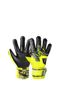 Torwarthandschuhe mit einer schwarzen Latex-Handfläche, einem neongelben Textilkörper, strukturierten Akzenten und verstärkten Handgelenkriemen zur Unterstützung.