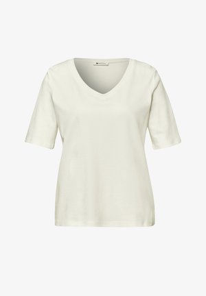 White short-sleeve V-neck T-shirt with a straight hem, displayed flat against a white background.