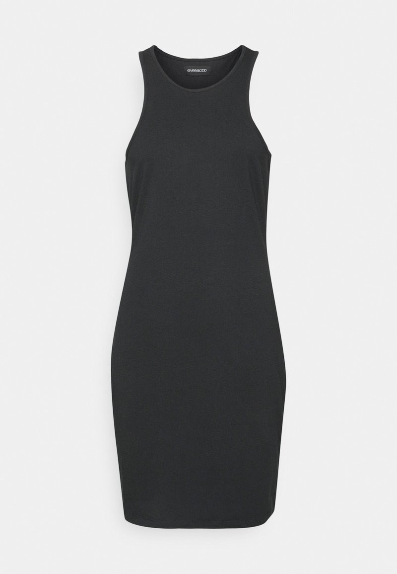 Robe noire moulante sans manches avec encolure ronde, longueur genou, présentée sur un fond clair uni.