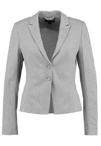 Blazer gris ajustado de tela suave, con collar muesca, dos botones y mangas largas con bolsillos laterales.