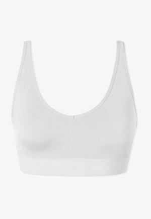 Bralette bianco in cotone con scollatura a forma di U e ampia fascia elastica. Texture liscia e cuciture minime caratterizzano un design semplice e senza soluzione di continuità.