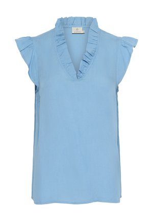 Blouse bleu clair avec décolleté en V froncé et manches courtes. Fabriquée en tissu doux, elle présente une coupe décontractée et un ourlet propre.