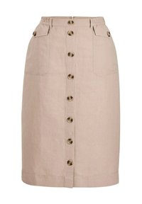 Beige Leinenrock mit passgenauem Bund, elastischem Band, vorderem Knopfverschluss und zwei seitlichen Taschen. Mit großen Knopfakzenten.