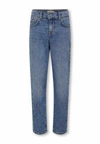 Jean en denim bleu à coupe droite, doté d'une fermeture à bouton, de cinq poches et de détails de frottement subtils au niveau des cuisses.