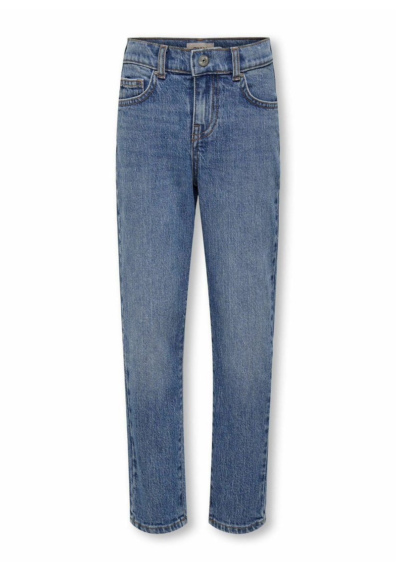 Jean en denim bleu à coupe droite, doté d'une fermeture à bouton, de cinq poches et de détails de frottement subtils au niveau des cuisses.