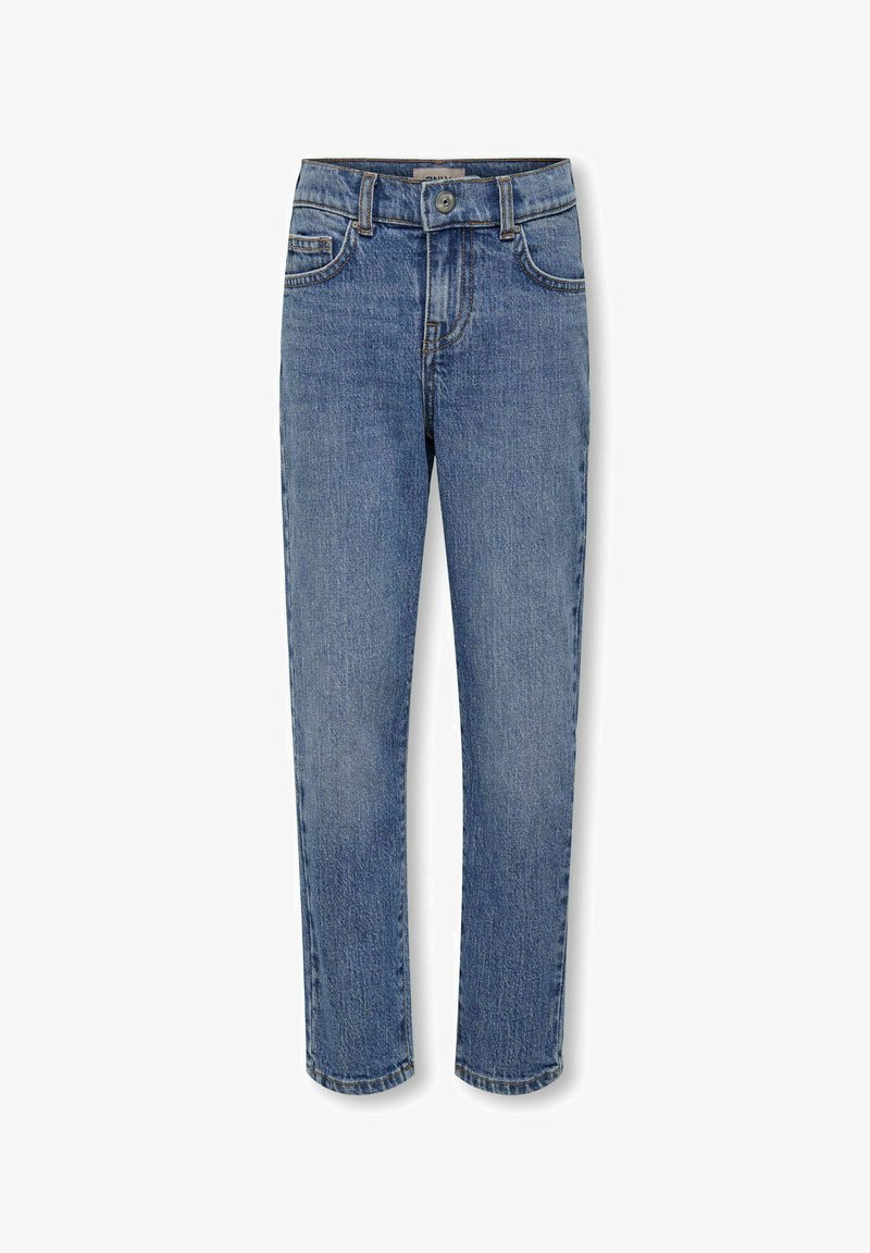 Jean en denim bleu à coupe droite, doté d'une fermeture à bouton, de cinq poches et de détails de frottement subtils au niveau des cuisses.