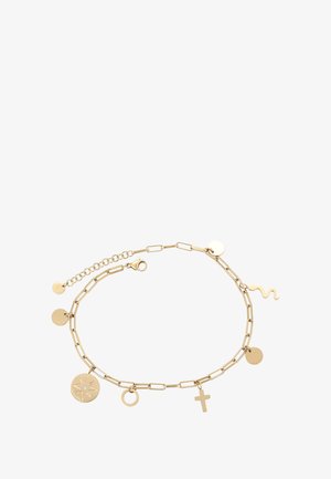 Arany lánc karkötő kerek charmokkal, egy kis kereszttel, egy középső kővel díszített csillag charm mellett, és egy hullámos charm egy langyos csattal.