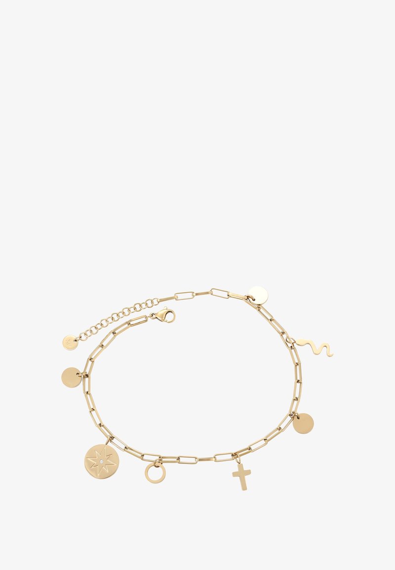 Arany lánc karkötő kerek charmokkal, egy kis kereszttel, egy középső kővel díszített csillag charm mellett, és egy hullámos charm egy langyos csattal.