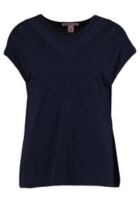 Marinblus med kort ärm och V-formad spets- och nätdetalj på framsidan samt rundad halsringning.