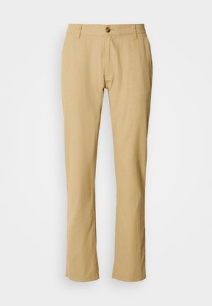 Beige trousers featuring a straight-leg cut, button closure, and subtle fabric texture. No patterns or additional hardware visible.